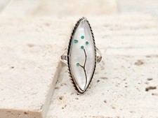 Sterling Silver Mother of Pearl  Turquoise Inlay Ring  Southwest Style