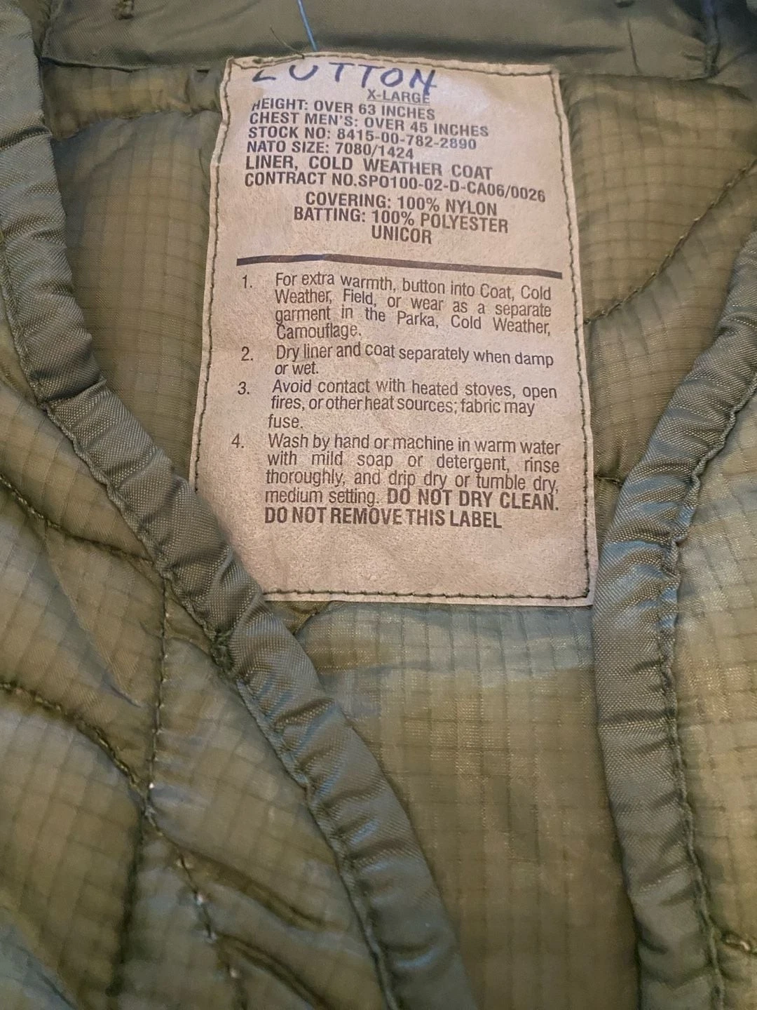 Unicor M-65 Cold Weather Coat Liner Size X-Large Green Quilted - product detail image 2