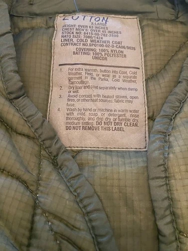 Unicor M-65 Cold Weather Coat Liner Size X-Large Green Quilted image 2