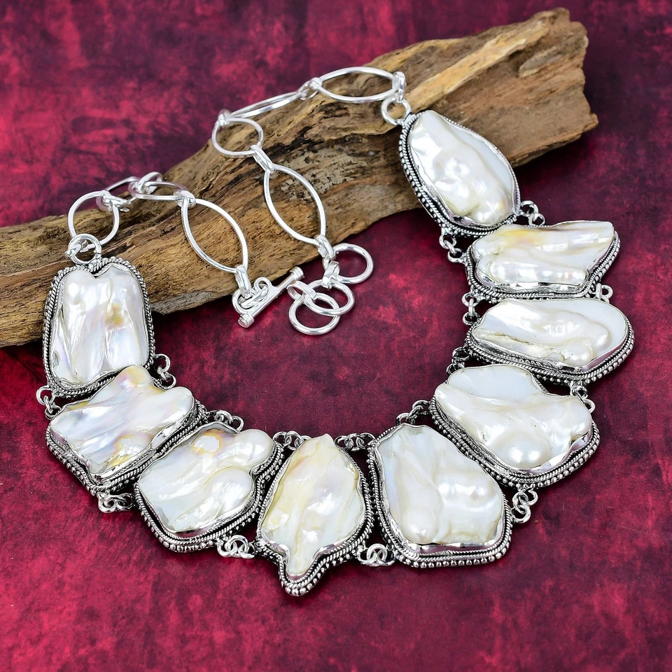 Collar de joyería de plata de ley 925 con piedras preciosas blancas irregulares naturales regalo Foto 2 de 4