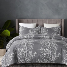 Soft Lightweight Microfiber Duvet Cover Set, Grey and White Floral Branches Prin