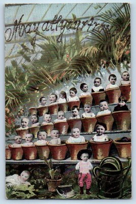 c1910's Surreal Fantasy Babies On Pots Water Can Glitter Antique Postcard