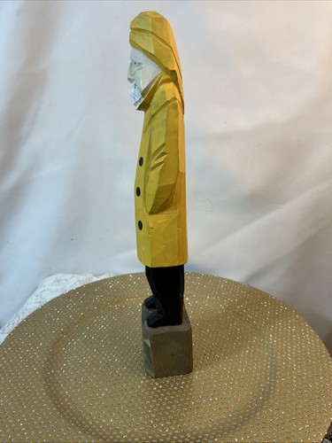 Figura nautica pescatore cappotto giallo capitano legno intagliato a mano vintage alta 12" - Foto 8 di 9