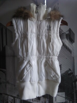 Adidas Womens winter VEST white Ladies Zip Front Hooded fur trim Puffer Vest S