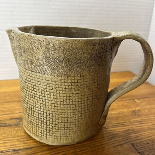 Antique PRIMITIVE Handmade Clay Pottery Pitcher - Impressed Lace Design - 1800s