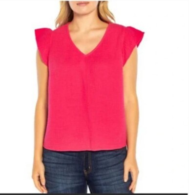 NWT Three Dots Women's Short Sleeve VNeck Double Layer Cotton Gauze Shirt FUSHIA