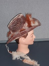 VTG CHILDS WESTERN RODEO BROWN STRAW COWBOY HAT WITH FEATHERS SIZE 6 1/4
