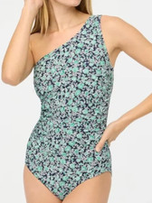 NEW J.CREW NAVY GREEN FLORAL RUCHED ONE SHOULDER ONE PIECE SWIMSUIT BR551 SZ L