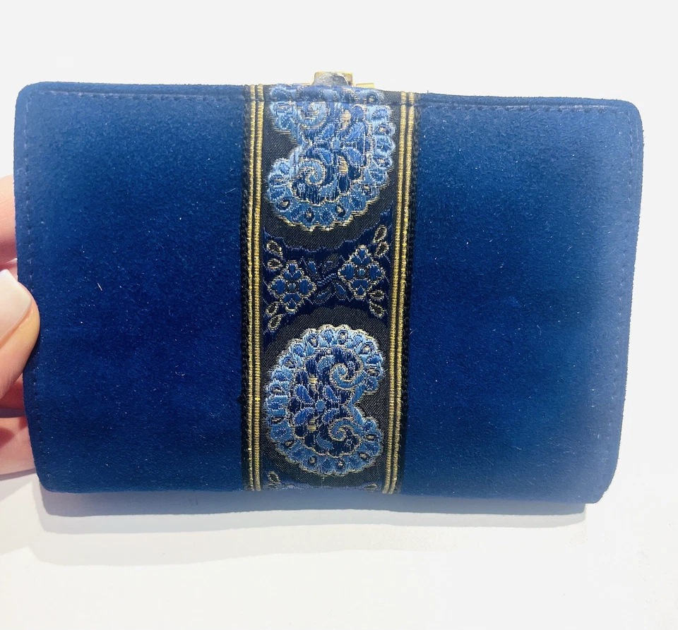 Cartera plegable vintage Loewe azul gamuza bordada Foto 2 de 4