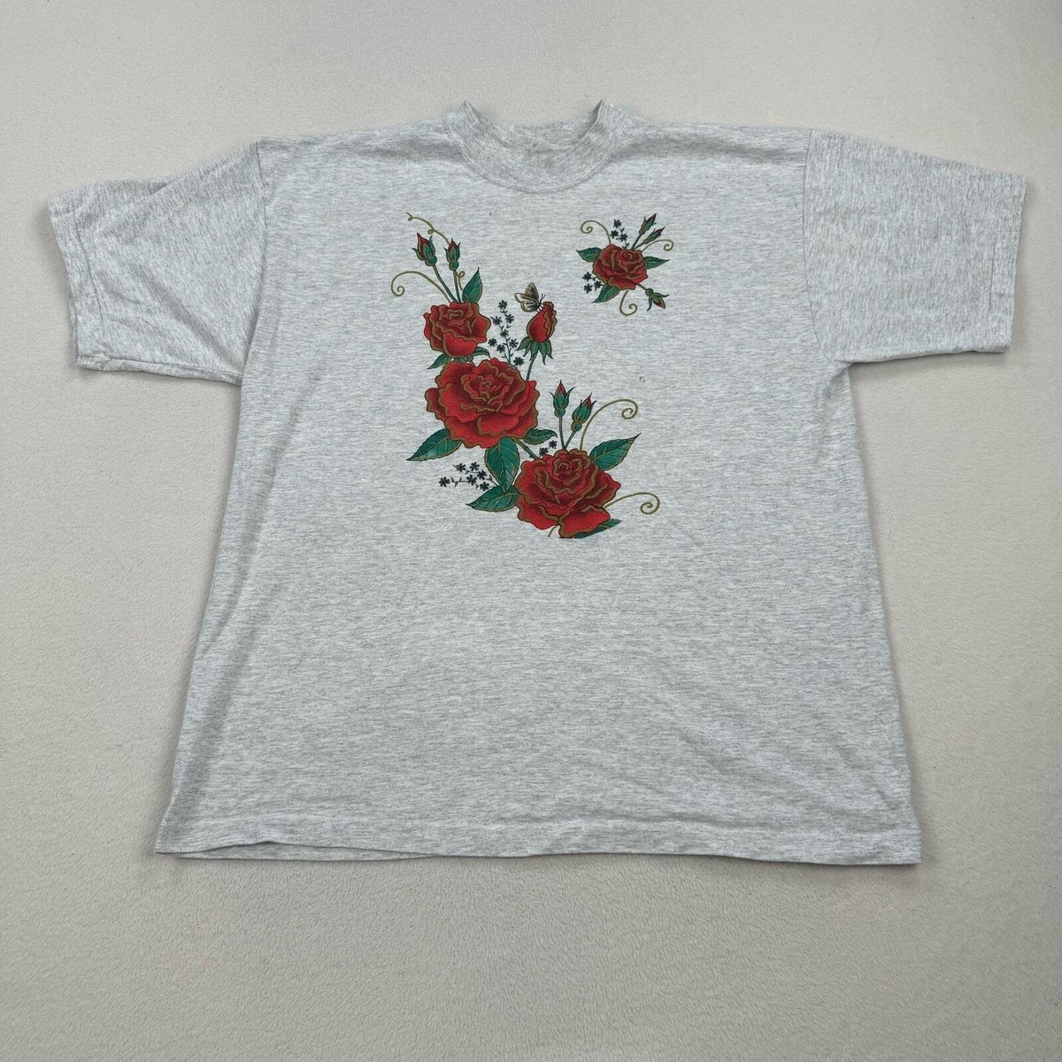 Vintage Flower Shirt Size Large Grey Short Sleeve Single Stitch