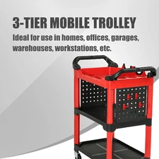 3-Level Composite PP Warehouse Garage Office Rolling Trolley W/Pegboard 260lbs