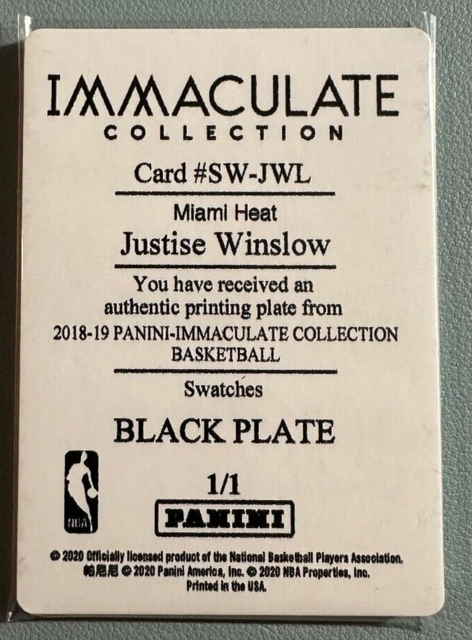 JUSTISE WINSLOW 2018-19 Panini Immaculate Collection Printing Plate Black 1/1 - Image 2 of 2