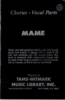 Vintage Chorus & Vocal Parts Sheet Music For Mame By Tams-Witmark Music  1967