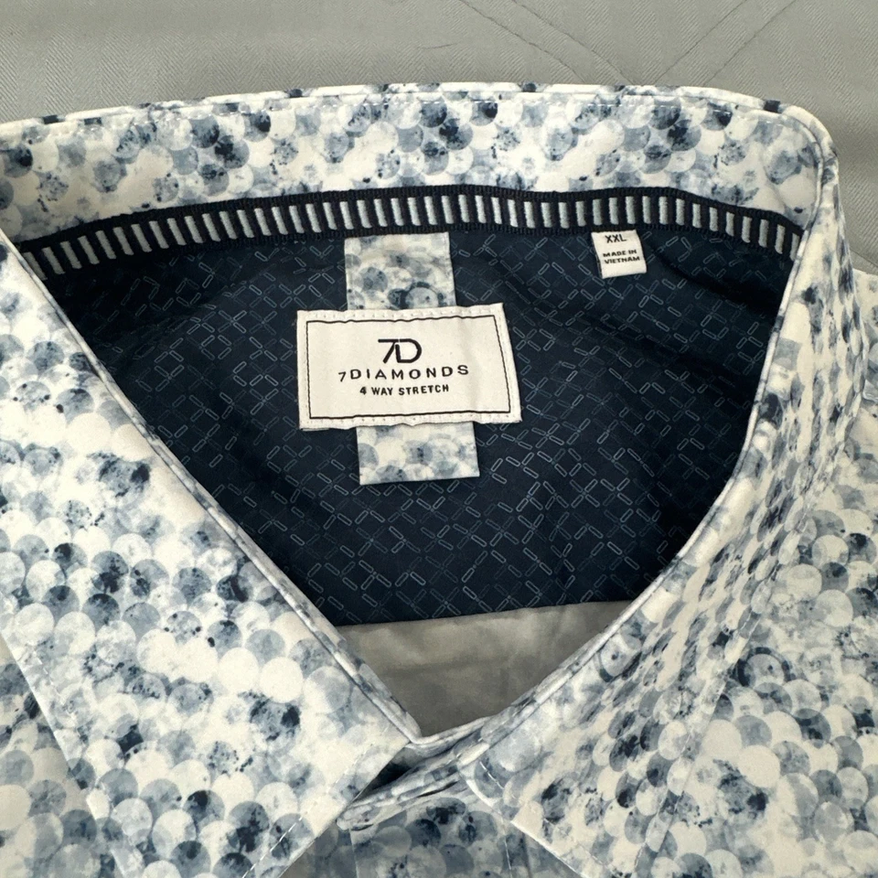 7 Diamonds 4 Way Stretch Shirt Mens 2XL Blue/white Geometric Button Down NWT - Image 2 of 4