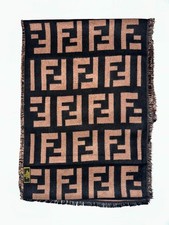VTG Fendi Zucca Monogram Wool Scarf Brown Black FF Logo Fringe Made in Italy