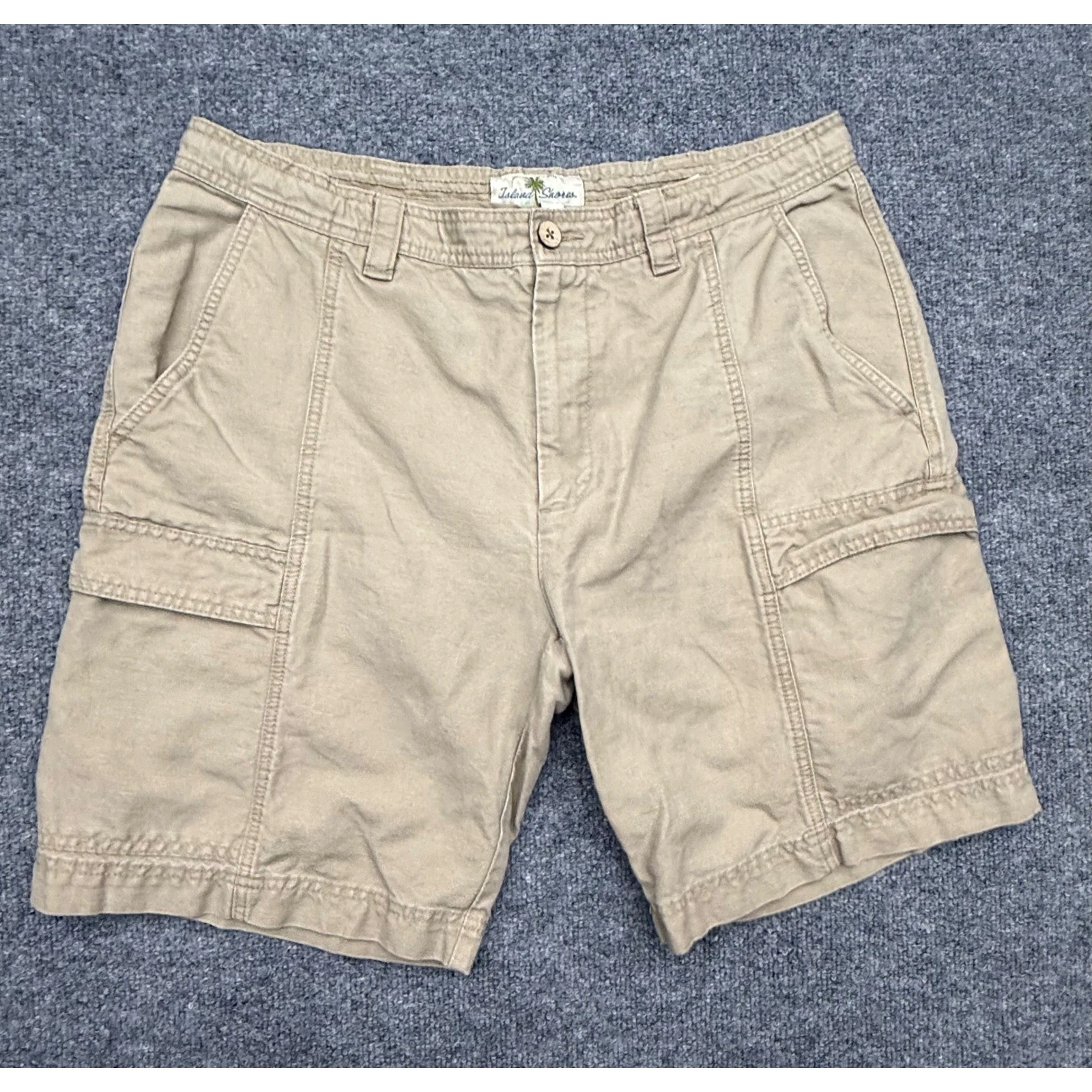Island Shores Mens Khaki Linen Cotton Blend Cargo Shorts Size 36 Tan Casual