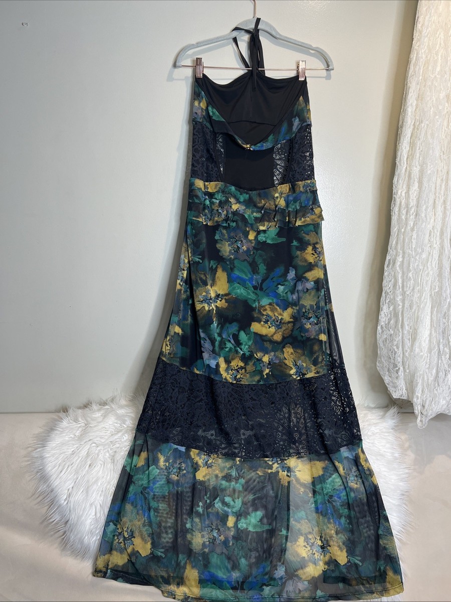 Free People Nightcap Hibiscus Ruffed Tiered Mesh Lace Slit Maxi Dress L |  eBay