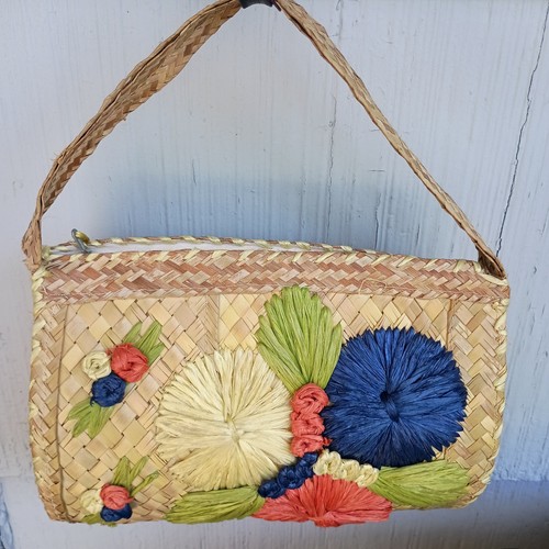 Vtg 1969 Bahamas MCM Floral Raffia Woven Straw Purse Handbag fabric lined w zip