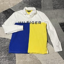 Tommy Hilfiger Rugby Shirt Mens Medium Blue Yellow Colorblock Polo Spellout Y2K
