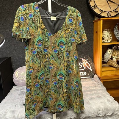 Show Me Your Mumu Tunic Womens Medium Green Peacock Feather Print Flowy V-Neck