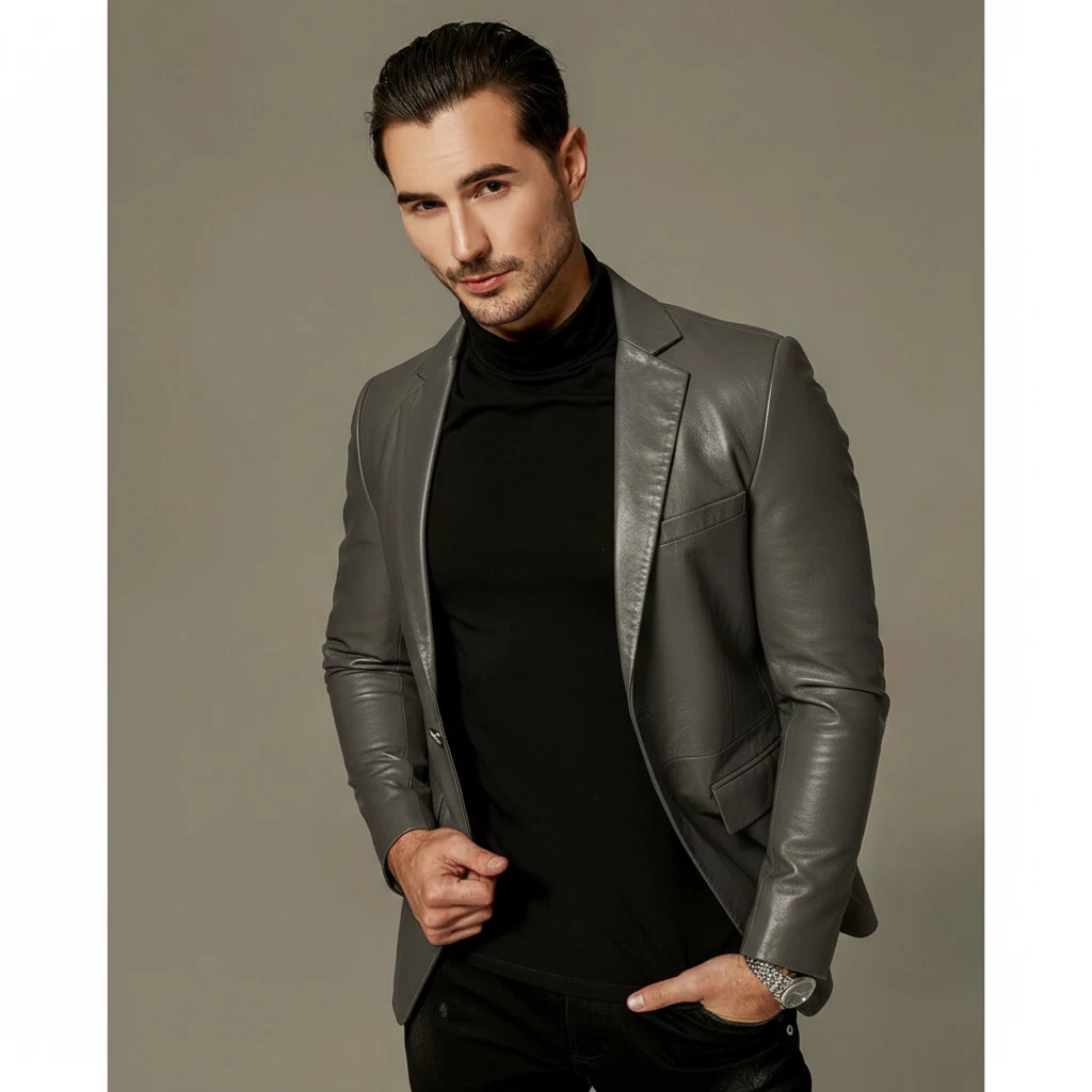 Men's GRAY Leather Blazer 100% Genuine Lambskin Two Button Coat Real blazer