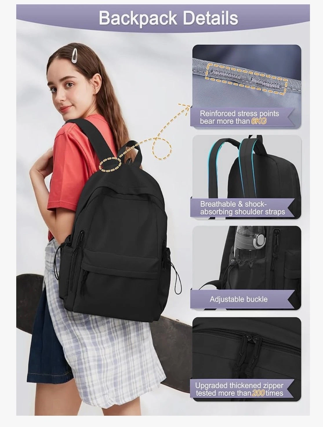 FIORETTO Backpack School Bag Girls Boys, Lightweight Water-Resistant Fits