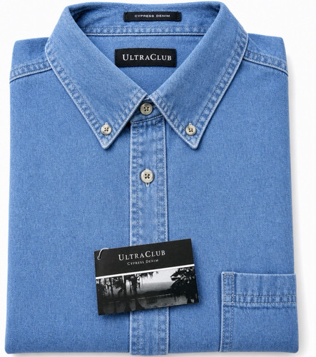 UltraClub Men's Blue Cypress Denim Button-Front Shirt XL Long Sleeve Pocket