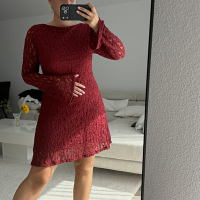 Damen Spitzenkleid rot/bordeaux kurz Langarm Rundhalsausschnitt Spitze