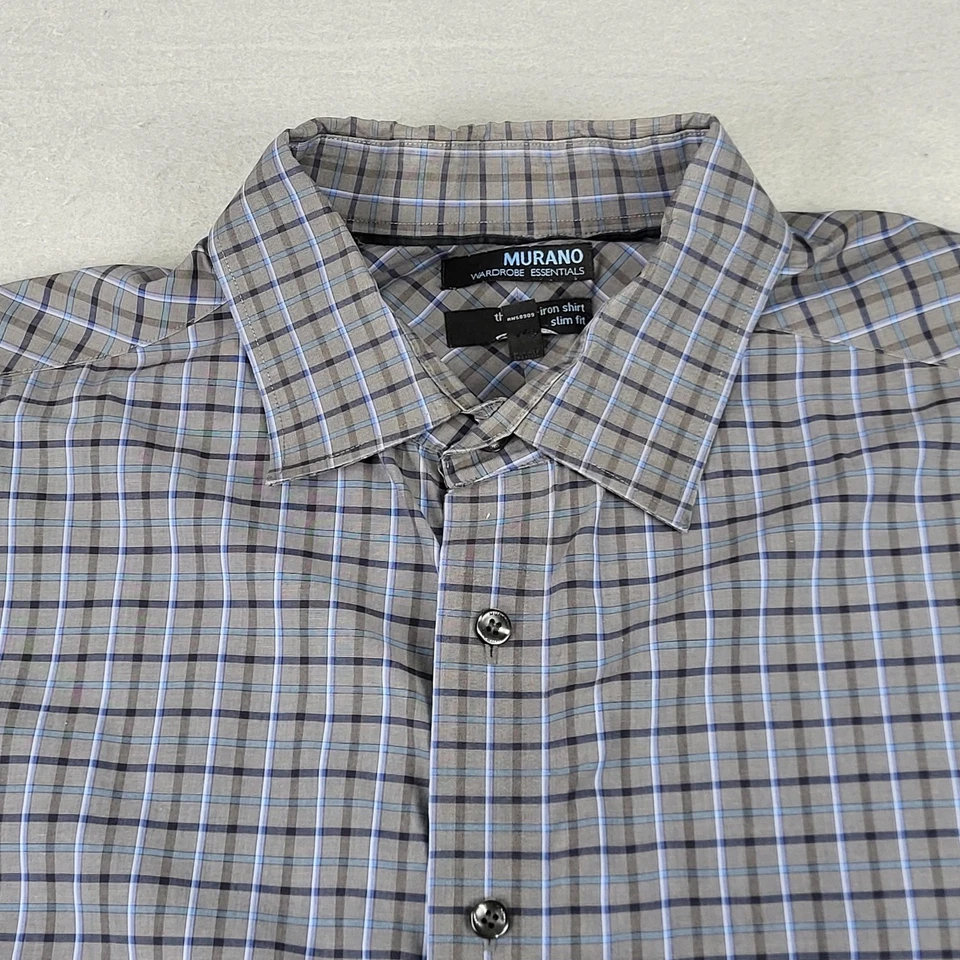 Camisa Murano Masculina 2XL Alta Cinza Azul Xadrez Sem Ferro Slim Fit Vestido Manga Longa - Imagem 2 de 4