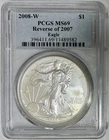 2008-W American Silver Eagle, Reverse of 2007, PCGS MS-69, Scarce Variety!