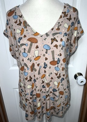 Bohemian Boho Graphic Tee Top T Shirt Short Sleeve Mushroom/Butterfly Beige L