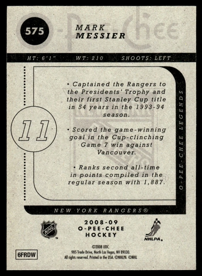 2008-09 O-Pee-Chee MARQUEE LEGENDS Mark Messier New York Rangers #575 - Image 2 of 2