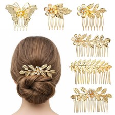 6 Pcs Leaf Hair Side Combs Gold Rhinestone Hair Combs with Teeth Bridal Metal...