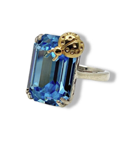 White gold finish blue topaz ladybird design created diamond ring size L - Picture 3 of 12