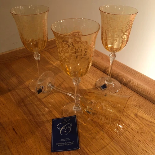 Vetrerie Chirico Srl Pastel Apricot Etched Crystal Goblets RARE Italy Set of 4