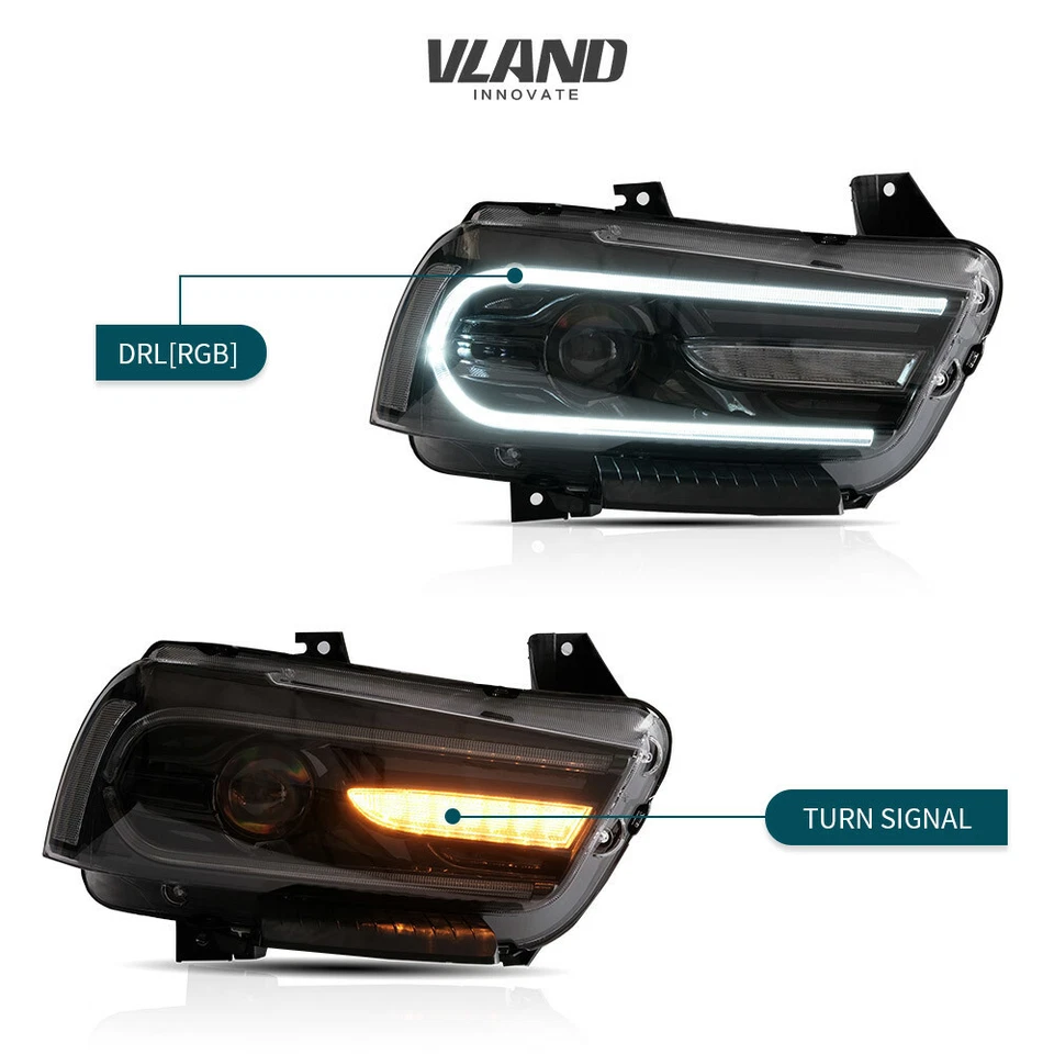 RGB Vland Headlights For Dodge Charger 2011-2014 W/Wiping Turn Indicator LH&RH - Image 4 of 4