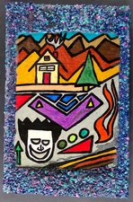 White Mask Warm Home Smoke & Fire Dream: Mixed Media Stone Collage Wood Painting