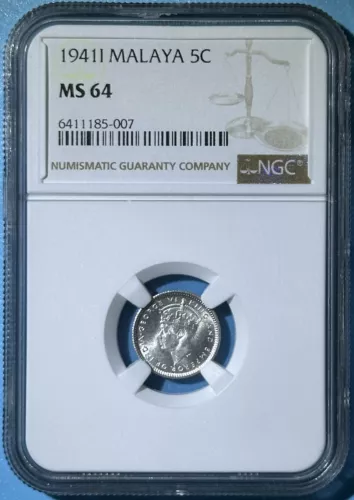 Malaya 1941 I Silver 5 Cents King George VI ChBU Coin Low mintage Date NGC MS64