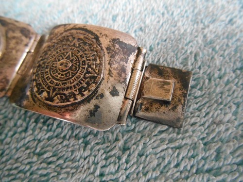 Vintage FARFAN 7 INCH Mexico Silver Mayan Aztec Calendar Panel Link Bracelet - Picture 13 of 14