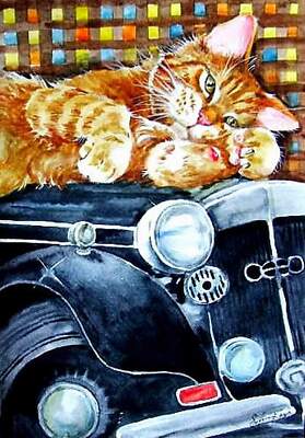 H.Schmidt katze*Warmes Plätzchen*gato cat oldtimer tv auto pkw Aquarell 30x21 cm