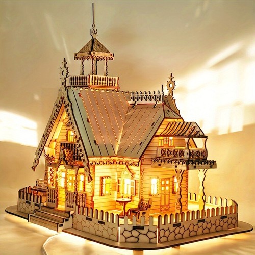 3D Wooden Puzzles Vintage Villa Building Model Kit DIY Assembly Illuminated Toy - Picture 6 of 8