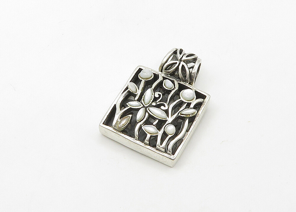 925 Sterling Silver Vintage Mother Of Pearl Floral Square