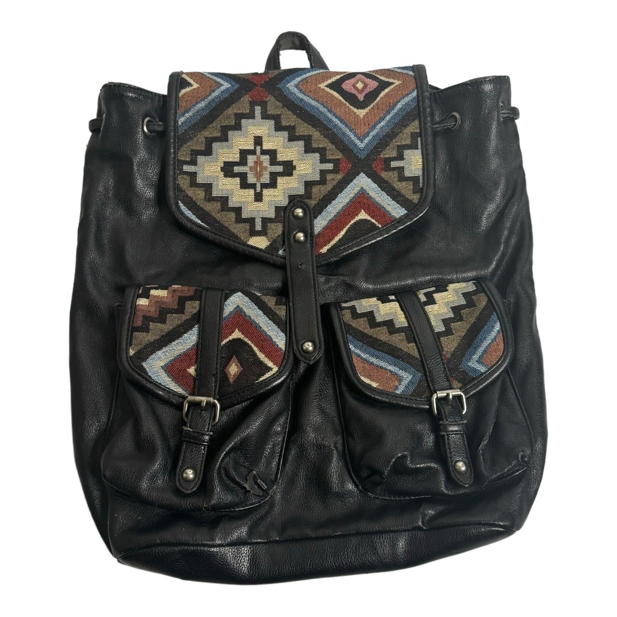 aztec leather backpack Print and dual side pockets for bottle or other travel gear Leather Embroidered Aztec Backpack |