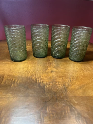 4 Anchor Hocking Soreno Avocado Green Tumblers 12 oz Vtg MCM Beverage Glasses