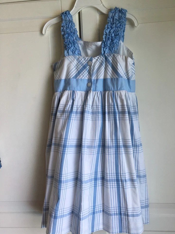 Hartstrings Size 6 Girls Blue and White Plaid Dress Ruffled Sleeve Cotton - Image 4 of 4