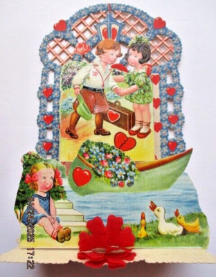 3-D Vintage Valentine Pull Down HONEYCOMB, GIRL CRYING W SUITCASE Broken Heart