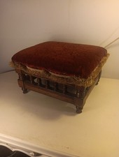 Small Antique Foot Stool Galleried Turned Wood & Clean Upholstered Cushion 