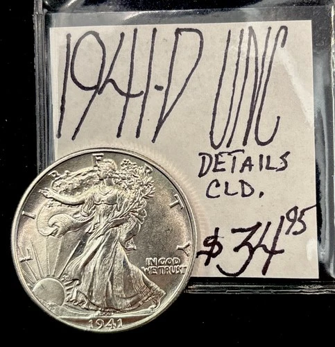 1941-D Walking Liberty Silver Half Dollar UNC! Details: Cld. ENN Coin