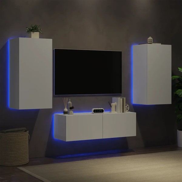Tv-Wohnwand 3-Teilig Mit Led-Beleuchtung Weiß-image