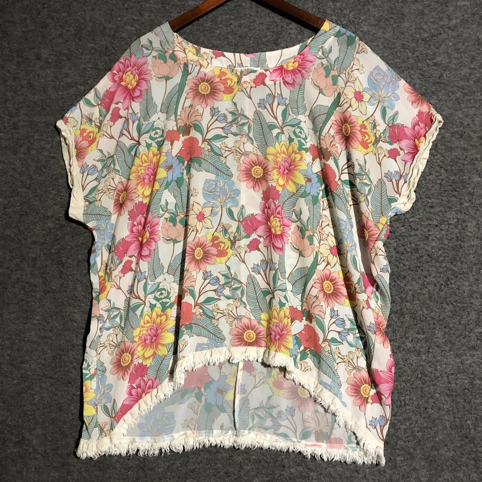 Camisa Umgee Mujer L Multicolor Floral Flecos Dobladillo Transparente Kimono Túnica Boho Y2K Foto 2 de 4